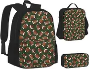 [ERCgad] Football Green Print Canvas 3-In-1 School Bags Set Backpack Lunch Bag Pencil Case Combo For Men Women, Black, One Size