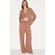 Mocha Modal Piping Long Pj Set, Mocha