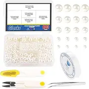 [Glarks] 803Pcs 4/6/8/10/12 mm Pearl Beads with Elastic String, Scissors, Tweezers Assortment Kit, Ivory White Round Pearl Beads Loose Pearls Spacer Beads with Hole for Bracelet Jewelry Making Craft