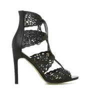 Flora by Madison by SHOEDAZZLE, Black manmade lasercut lace up sandals, 4", SZ 8