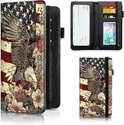 [RAUEDWDJS] Checkbook Cover for Women Men Checkbook Holder Wallet,RFID Blocking Checkbook Case,Leather Men Check Book Holder Wallet with Elastic Strap Card Slots Pen Holder, Flag Eagle Flower, Modern