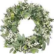 Lenamos Artificial Spring Summer Greenery Wreaths for Front Door Green Eucalyptus Leaf Wreath Decor Boxwood with Big Berries for Farmhouse Wall Wedding Decor Window Patio Decoration Outside Year Round