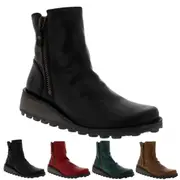 Womens Fly London Mong Rug Leather Low Wedge Casual Winter Zip Ankle Boot Rug Black UK 5