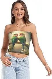 [RPLIFE] Parrot Tropical Love Birds Crop Tube Tops for Women, Sexy Tube Tops, Sheer Tube Tops, Tube Tops Summer (S)