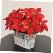 Christmas Poinsettia Table Centerpiece - Rustic Metal Pot with LED Lights, 1