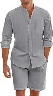 [HanzhuoLG] Men's Casual Cotton Linen Two Piece Set Solid Color Simple Henley Collar Long Sleeve Linen Shirt & Linen Shorts 2 Pcs Set Small Gray