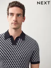 Black/White Regular Fit Short Sleeve Geometric Pattern Knit Trophy Polo Shirt (AW5934) | $62