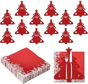 POPAPIE Christmas Cutlery Set - 12 Red Felt Cutlery Holders with 40 Paper Napkins - Christmas Tree Design - Perfect for Table Decoration