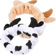 Cow Ears Fluffy Skincare Headband, 2Pcs Animal Ear Milk Cow Hairband Plush Face Wash Hair Wrap, Horn Headband Spa Headwrap Plush Animal Headband Cow Plush Headband,Washing Face Cow Ears Headband