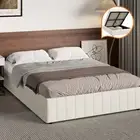 Oikiture Bed Frame Double Size Gas Lift Storage Base Velvet Cream FURB