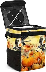 Car Trash Can with Lid,Bag Hanging Storage Pockets Leak-Proof,Portable Garbage Bin,Birds Autumn Flowers Pumpkins