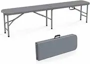 Costway 180cm Outdoor Plastic Folding Bench, Portable Fold-in-Half Seat w/ 600kg Capacity, Wood-Like HDPE Thickened Long Seat w/Handle & Lock, for Outdoor Camping Picnic Party Soccer Events (Gray)