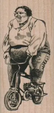 Ample Lady On Bicycle 1 1/2 x 3" Rubber Stamp, Woman Stamp, Lady Stamp