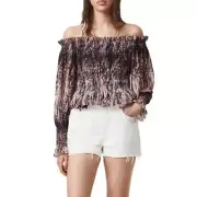 NWT All Saints Lara Smocked Off the Shoulder Top in Rainbow Pink, size 2