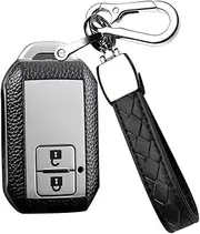 HIBEYO for Suzuki Key Fob Cover Key Case Compatible with Suzuki Swift 2017 2018 Wagon R Replacement TPU Leather Texture Smart 2 Button Car Accessories with Leather Keychain-Silver