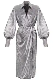 [RASARIO] WRAPPED & DRAPED PLEATED JERSEY MIDI DRESS FR 38 SILVER