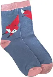 [Purple Possum] Fox Socks Ladies Women's Blue and Pink Foxes Cotton Bamboo Blend Soft Sock UK Shoe Size 3-7 Gift Idea, Blue, 3-7