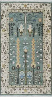 4X6 Handmade Oushak Light Green/Ivory Traditional Turkish Style Tree of Life Rug