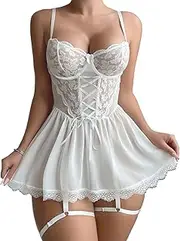 [KEOYA] Women Lace Babydoll Sexy Mesh Chemise Boudoir Nighty with Garter Belt
