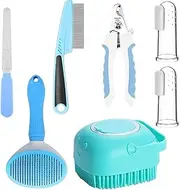 Dog Grooming Kit,Dog Shampoo Brush with Nail Clipper and File - 2 Pet Finger Toothbrushes, Flea Comb for Cat and Bunny