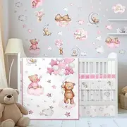Mixweer 5 Pcs Crib Bedding Set for Toddlers Include Cloud Balloon Bear Theme Crib Sheets, Skirt, Comforter, Pad Cover, Wall Stickers for Boys or Girls Nursery Bedding Sets(Pink)