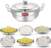 QSEC Triply bottom Idli maker Stainless Steel 4-in-1 Induction base Multi utility Kadai Idli Cooker All-in-One Big Size dhokla Cooker | 6 Plate 2 Idli | 1 mini idli 2 Dhokla 1 Patra Momo Steamer