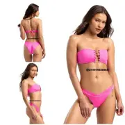 BEACH BUNNY Noelani Bandeau Top DD Serena Skimpy Bottom L - Neon Pink $320