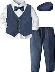 [mintgreen] Baby Boys Herringbone Tweed Suit Set 4pcs Wedding Outfit Shirt + Trousers + Waistcoat + Cap 1-4 Years