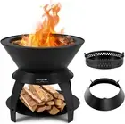 50CM Patio Fire Pit, Metal Camping Fire Bowl W/Pot Holder & Storage Shelf, Smoke