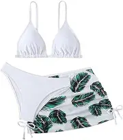 [COOLOYA] Girl's 3 Piece Set Leaf Print Bikini Sets Bathing Suit with Mesh Cover Up Skirts
