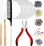 Chuangdi Hair Extension Tools Kit, 600 Silicone Lined Micro Ring Beads 1 Pliers 2 Hook Needle Pulling Loop 10 Curved Hair Needle 4 Alligator Clips 1 Comb 100 Black Mini Rubber Band