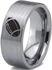 Tungsten American Football Ball Band Ring 8mm Men Women Comfort Fit Gray Flat Cut Brushed Polished Size 8