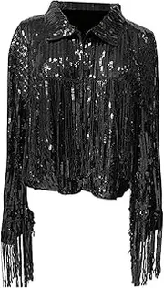 [Hailong Ming] Women's Sequin Jacket with Tassel, Open at The Front, Cardigan, Glittering, Light, Coat, Long-sleeved, for Casual Parties Outdoors