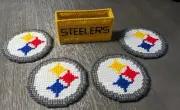 Set of 4, 4" Plastic Canvas Steelers Coasters And Holder