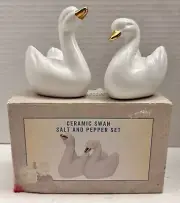 Cracker Barrel Swan Salt & Pepper Shakers 3” White & Gold Accent NEW