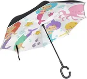 Double Layer Inverted Umbrella Cars Reverse Umbrella Cute Mermaid Fish Cartoon Windproof UV Proof Travel Outdoor Umbrella