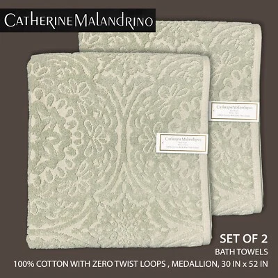 2 New CATHERINE MALANDRINO Zero Twist Cotton Texture Bath Towels Medallion Green