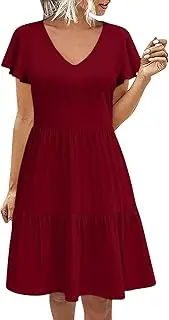 [Generic] Women's Casual Tiered Dress with Pockets V Neck Ruffle Cap Sleeve Trendy Swing Mini Dress A-Line Dresses