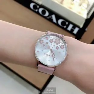 點數9%★COACH手錶,編號CH00079,36mm玫瑰金圓形精鋼錶殼,白色中二針顯示, 花卉錶面,粉紅真皮皮革錶帶款,獨一無二!, 獨具匠心!【APP下單享9%點數上限5000點】