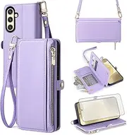 [Asuwish] Phone Case for Samsung Galaxy S24 5G Wallet Zipper Cover with Tempered Glass Screen Protector and Wrist Strap Card Holder Slot Flip Mobile Stand Cell Accessories S 24 24S G5 Women Men Purple