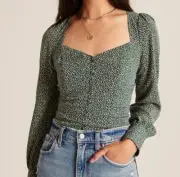 Abercrombie and Fitch Top Womens Small Green Floral Button Up Sweetheart Neck
