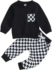 [Karuedoo] Baby Boy Fall Outfits Checkered Plaid Pullover Sweatshirt Top Pants Set Trendy Toddler Checkerboard Outfit