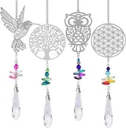 COLIGREE 4pcs Colorful Suncatcher Hummingbird Tree of Life Owl Flower of Life Combo Sun Catcher Multicolor Long Dangle Crystal for Window Garden Decorations Stylish Home Decor