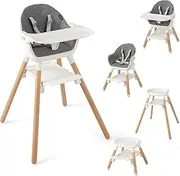 BABY JOY Baby High Chair, 6-in-1 Convertible Wooden High Chair with Double Dishwasher Safe Trays, 5-Point Harness, Storage Shelf & Solid Beech Wood Legs, Infant Dining Chair for Babies & Toddlers