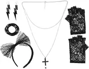 [GAROZATION] 1 Set Retro Party Costume Accessories Set with Lace Headband Fishnet Gloves Cross Necklace Earrings Bracelets for Halloween Fancy Dress Events