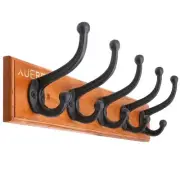 Rustic Cast Iron Coat Hooks Black Wall Rack Heavy Duty with 5 Bedroom Ash Wooden