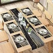 Culudea Marble Agate Golden Table Runner and Placemats Set of 6, Japanese Stone Black Gold Dining Decor for Daily Use(1 Table Runner 72 inches Long and 6 Placemats)