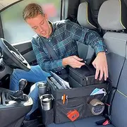 myXplorer Van & Campervan Front Seat Organiser with Detachable Cooler Bag, Multi-Compartment Storage, Adjustable Padded Strap, Non-Slip Clips, 24L (Black)