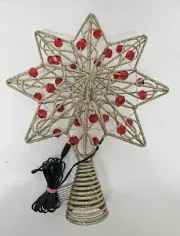 Gold Sparkled Star 3D Christmas Tree Topper Red Beads Lighted New READ