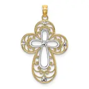 14k Yellow & Rhodium Gold W/ Rhodium D/C Filigree Cross Charm